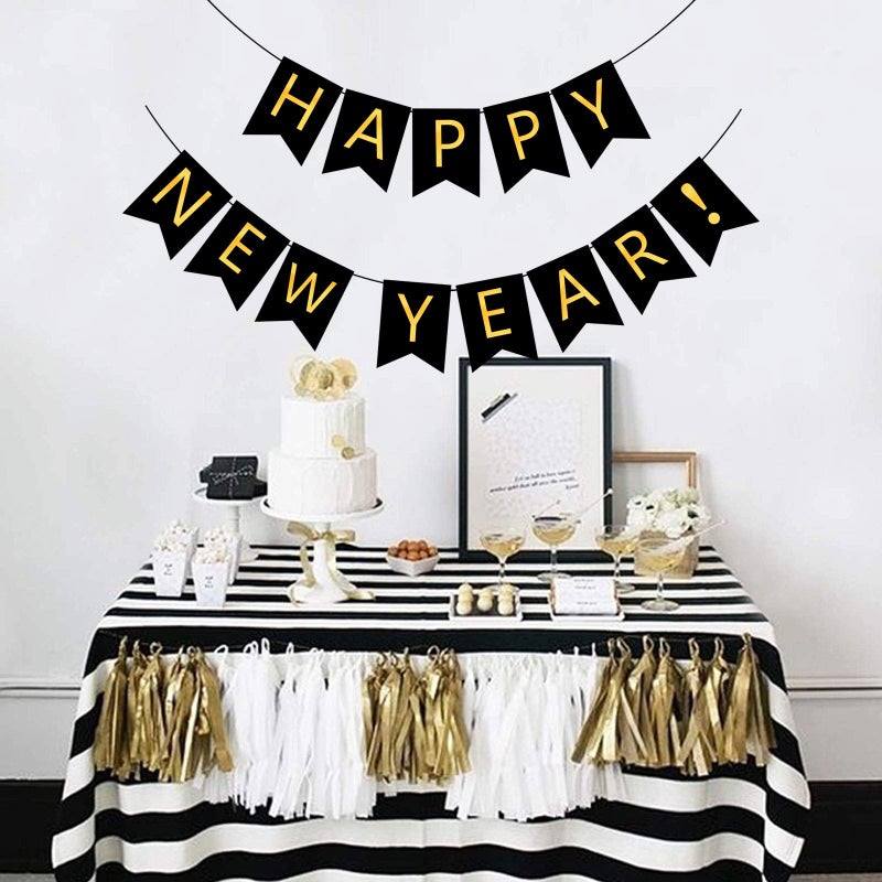FECEDY Happy New Year Banner Black Bunting with Gold Alphabet for New Year Party Supplier Eve Party Decorations - Image 5